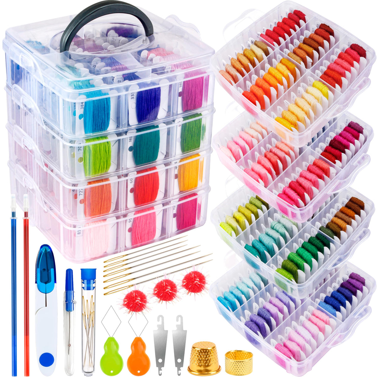 BYMORE 262 Pack Embroidery Thread Floss Kit Including 200 Colors 8 M/Pcs Cross Stitch Sewing Thread with Floss Bins and 62 Pcs Cross Stitch Tool,4-Tier Transparent Storage Box