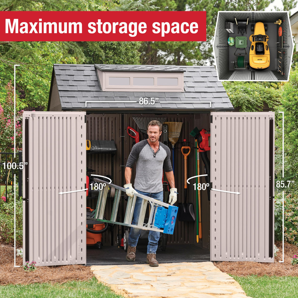 Rubbermaid Large Resin Outdoor Storage Shed With Floor (7 x 7 Ft.), Weather Resistant, Brown, Organization for Home/Lawn Mower/Backyard Equipment/Bike Storage/Pool Supplies