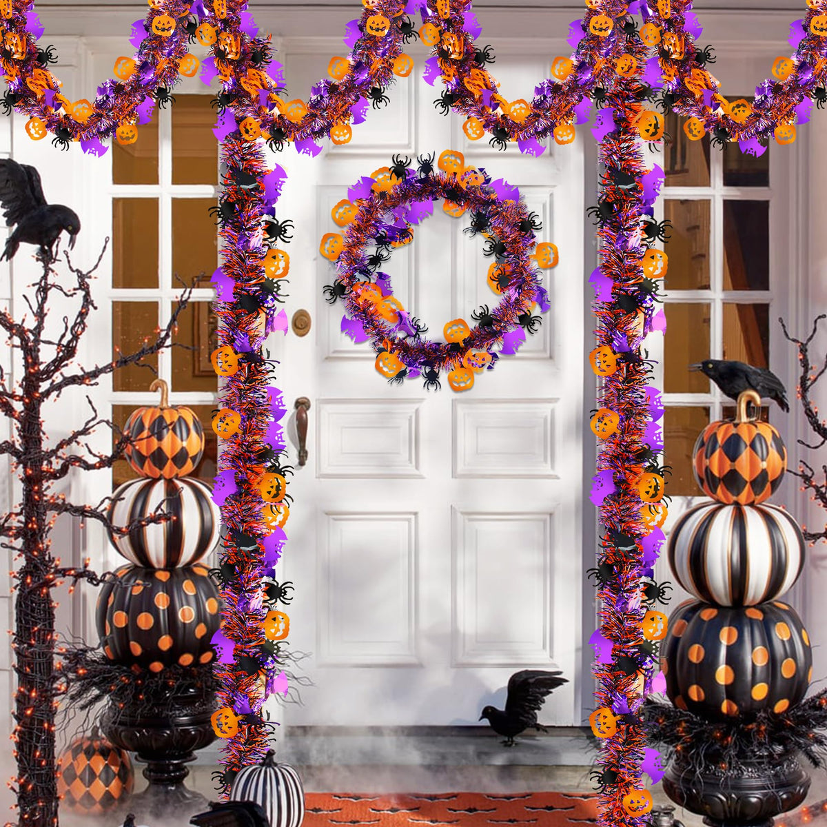 Halloween Decorations,50 FT Halloween Tinsel Garland with Orange Pumpkin Black Spider Purple Bat, Shiny Metallic Twist Garland for Home Tree Indoor Outdoor Party Decorations