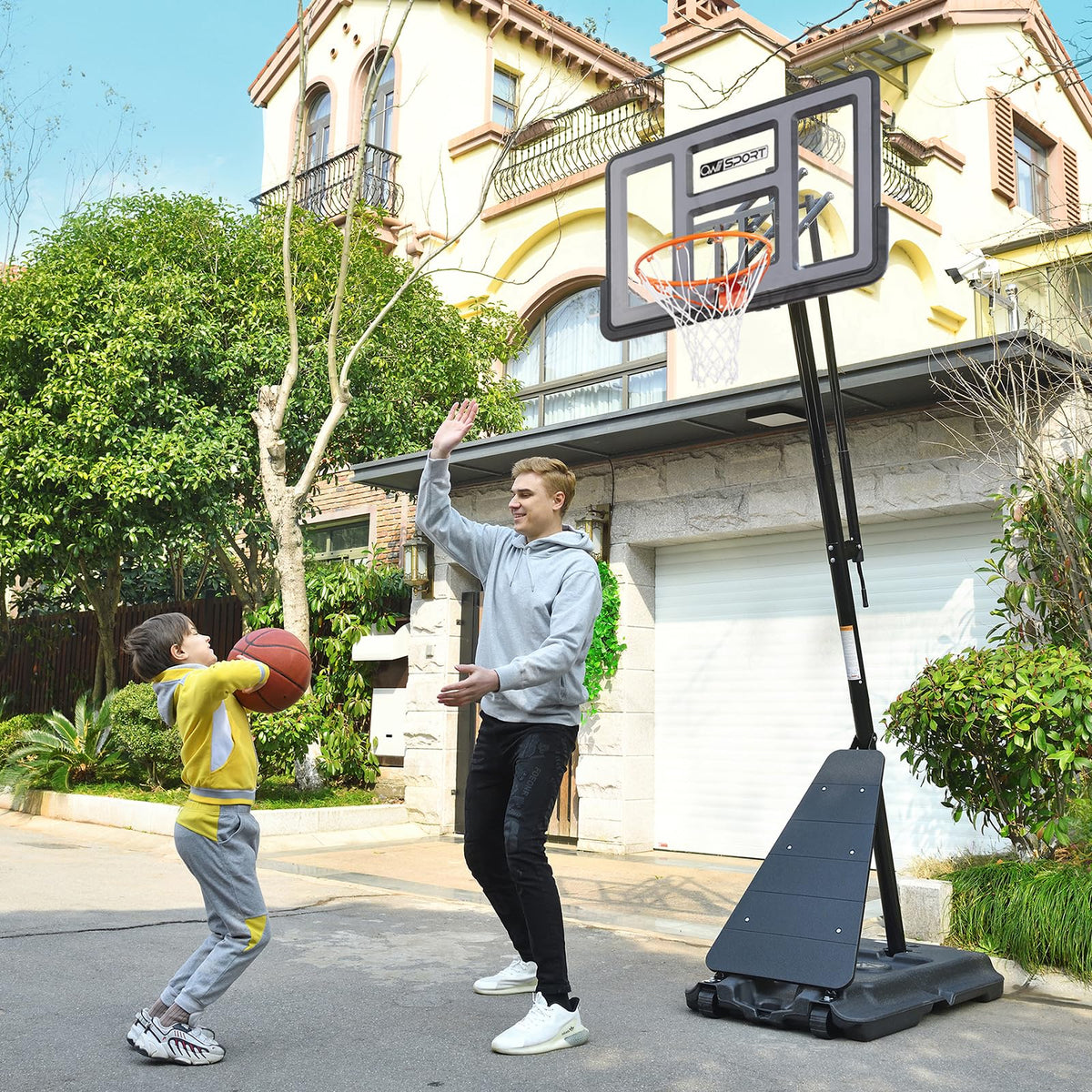 AWII SPORT Basketball Hoop Outdoor 48Inch Impact Backboard, 5.3-10FT Height Adjustable Basketball Hoop Goal System with Portable Wheels for Adults (Black, 48inch Backboard)