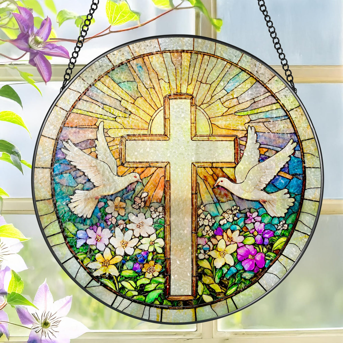 Cross and Wildflowers Stained Glass Suncatcher, 8 Inch Christian Stained Glass Windows Hanging, Flower Cross Gift for Religious, Christian Gifts, Easter Faith Home Decor
