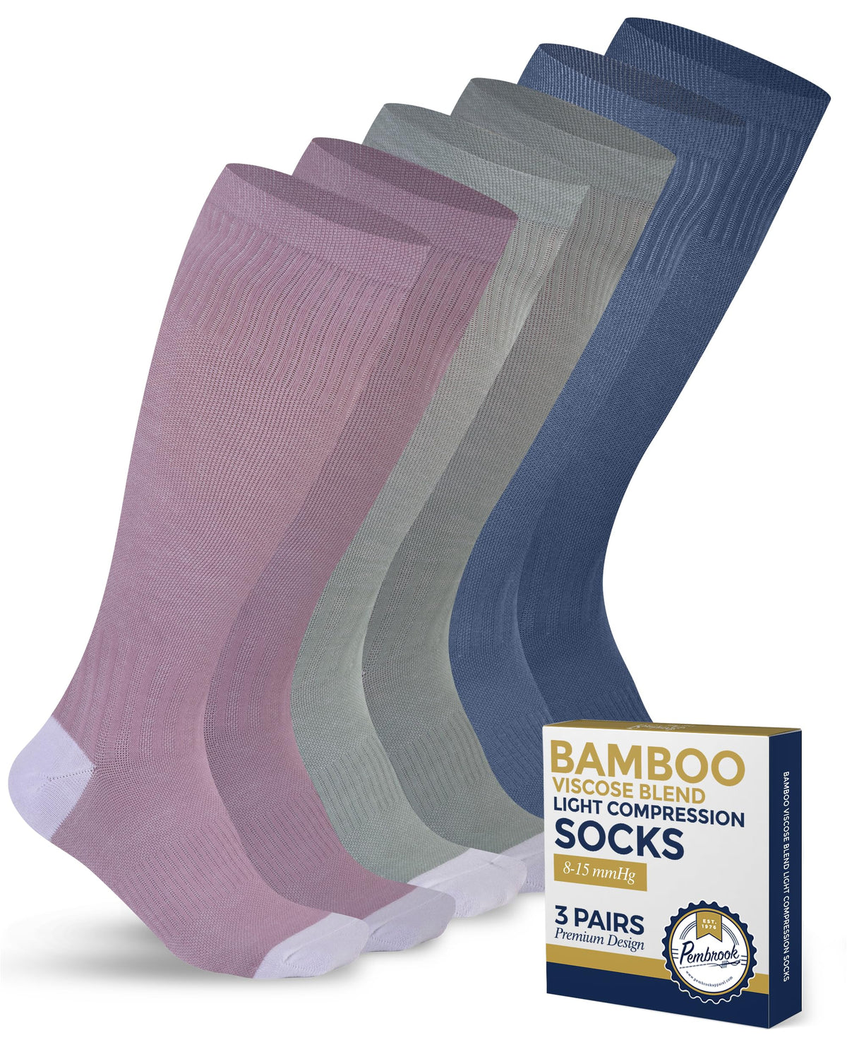 Pembrook Light Compression Socks - 3 Pairs | 8-15 mmHg Light Compression Socks for Women and Men | Light Green, Light Blue, Rose | Mens and Womens Compression Socks