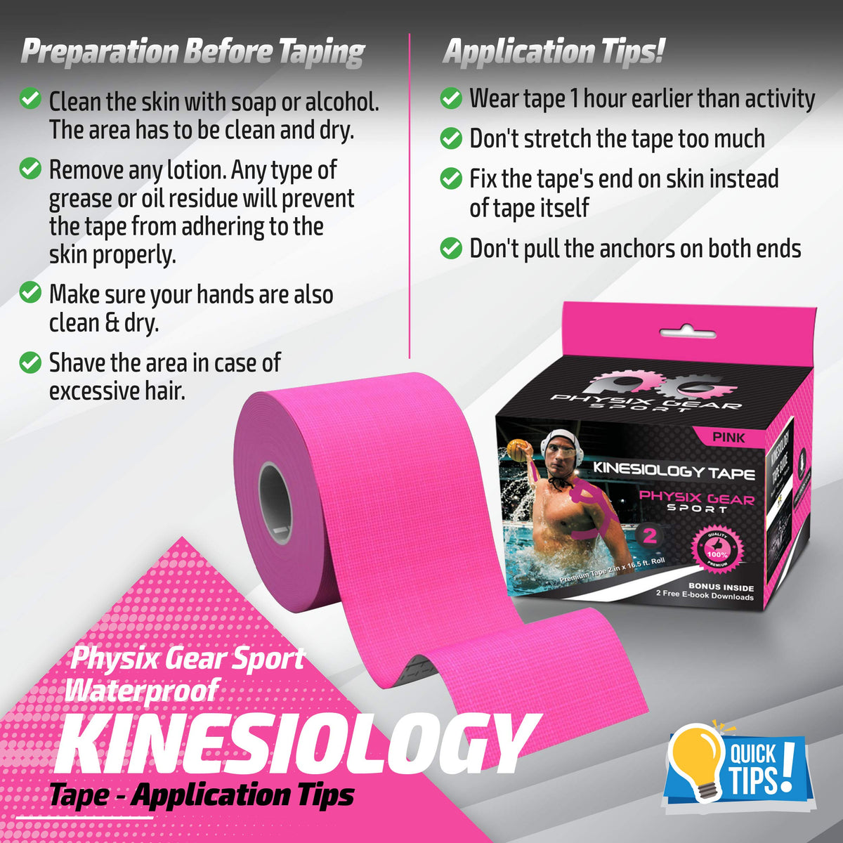Physix Gear Cotton Kinesiology Tape Roll 16ft, Latex-Free Athletic Tape for Muscles/Joints, Waterproof Kinesiolgy, Stretchy Kinesiologytape, Gentle on Skin Kiniseaology Tape, Pink (1 Pack), 5m