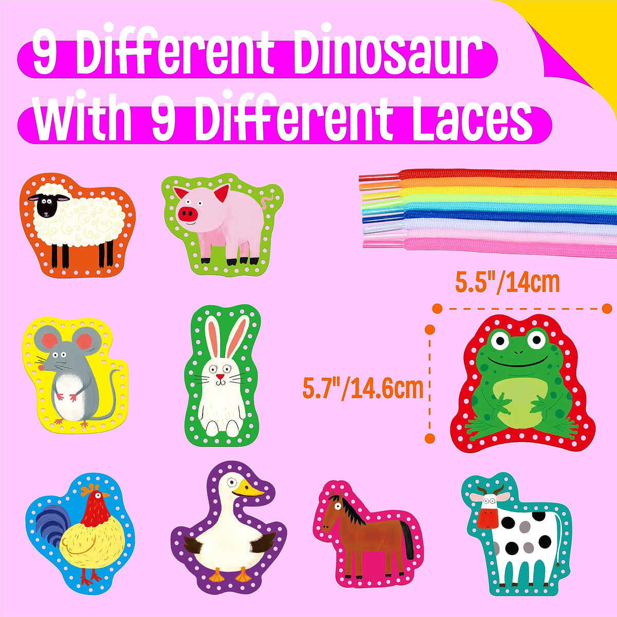 SpriteGru 9 Pieces Kids Lacing Cards, Double Sided Sewing Cards in 9 Farm Themed Cards with 9 Colorful Laces, Imagination Development Lacing Toys Games for Children Educational and Learning Activity