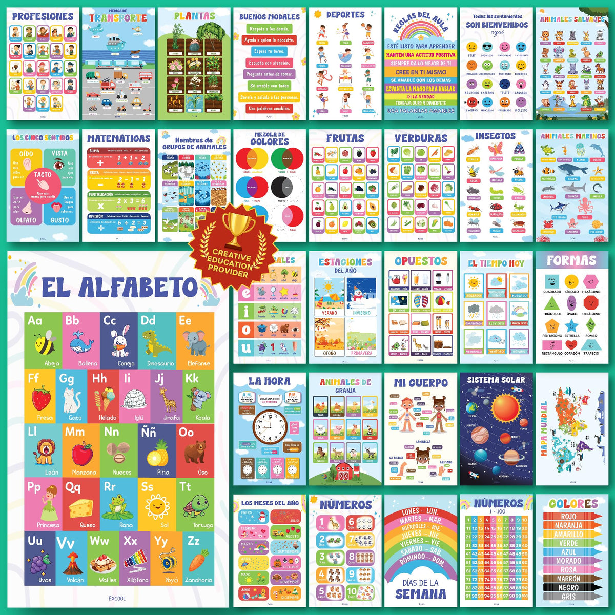 EXCOOL CLUB 32 Spanish Classroom Posters For Elementary - Colorful Bilingual Educational Posters For Toddlers 1-3, Laminated Learning Poster Preschool Must Haves, Abecedario Para Niños En Español