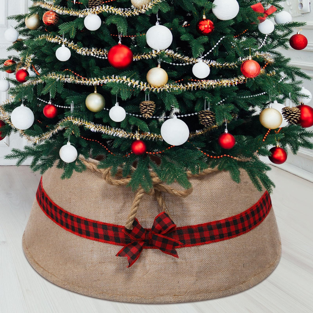Outus Farmhouse Burlap Christmas Tree Collar Rustic Christmas Tree Ring Easy Set Up for Holiday Xmas Decor(Ribbons)