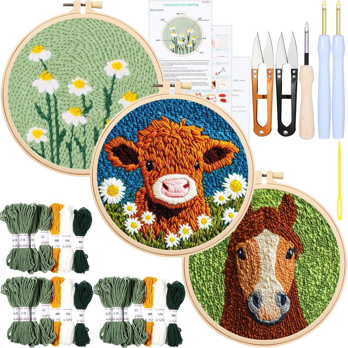 Hahafelt 3 Sets Punch Needle Kits, Punch Needle Kits for Adults Beginner, Highland Cow Daisy Flower Horse Punch Needle Tool with Punch Needle Fabric, Hoops, Yarns and Sewing Needles