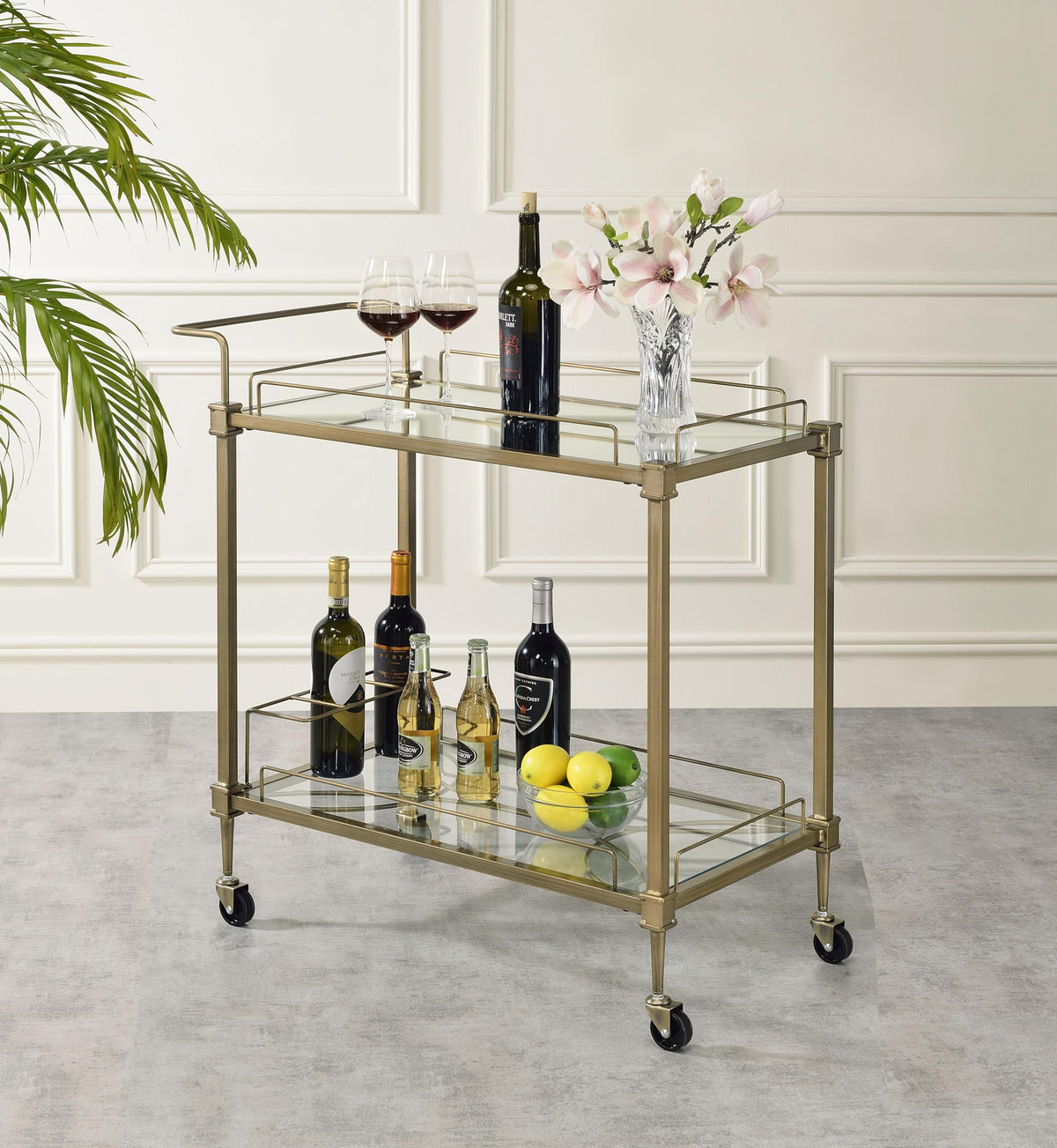 Acme Aditya Contemporary Metal Serving Cart in Mirrored and Antique Brass
