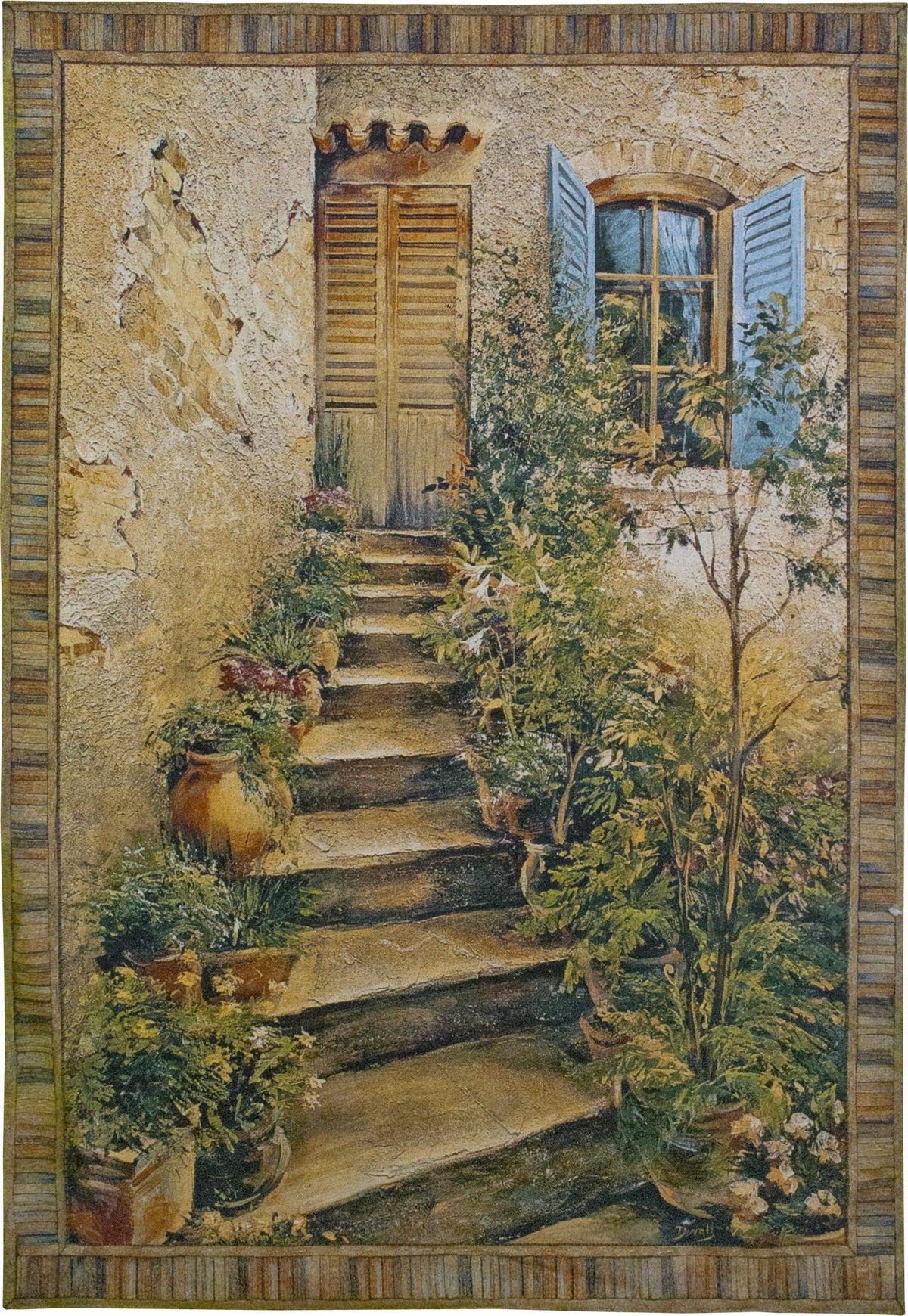 Tuscan Villa II by Roger Duvall | Woven Tapestry Wall Art Hanging | Rustic Italian Village Steps | 100% Cotton USA Size 53x75