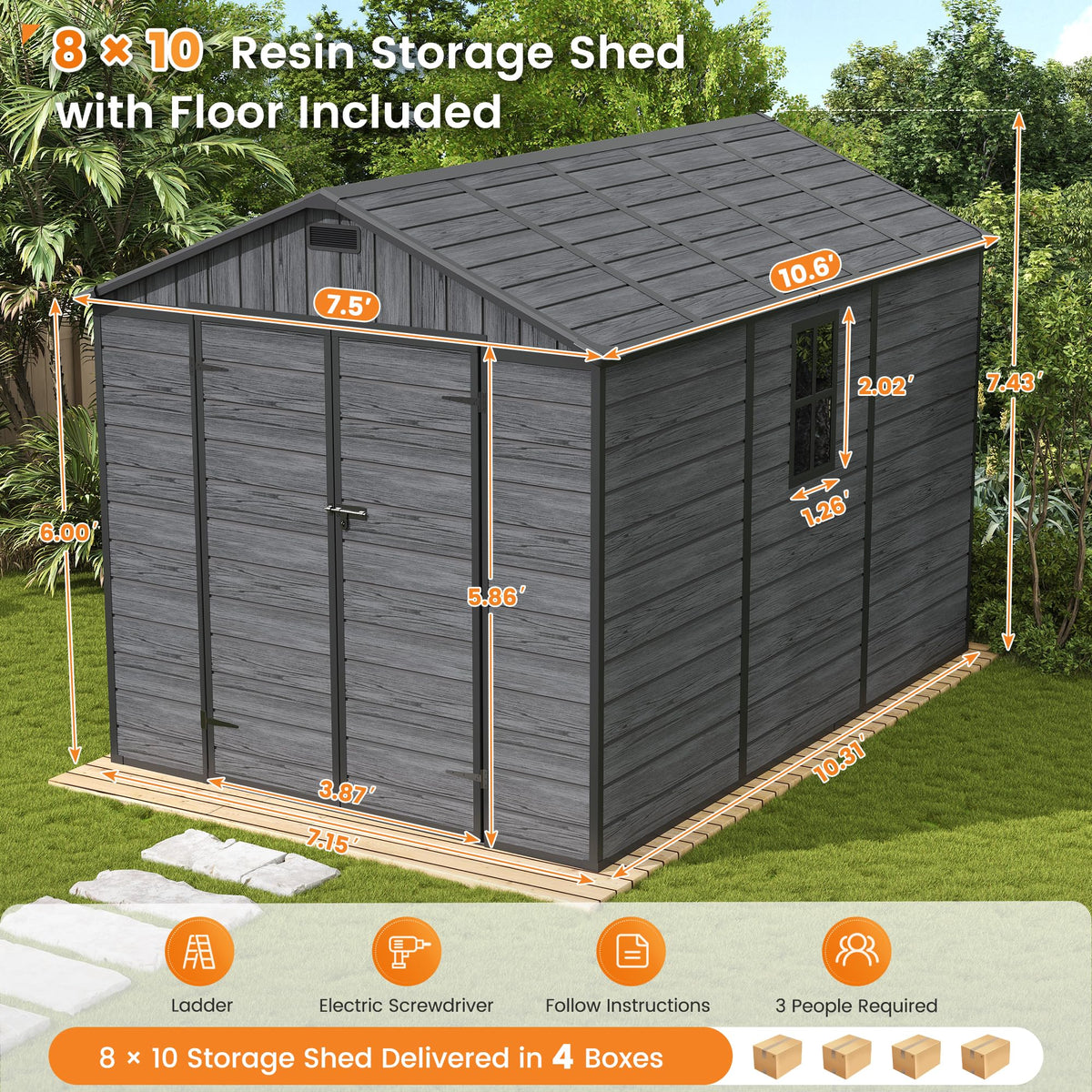 UDPATIO Outdoor Resin Storage Shed 8 x 10 FT, Plastic Storage Shed with Floor Large Outdoors Garden Tool Storage Shed Outside Clearance Shed with Lockable Door for Bike, Backyard, Patio, Dark Grey