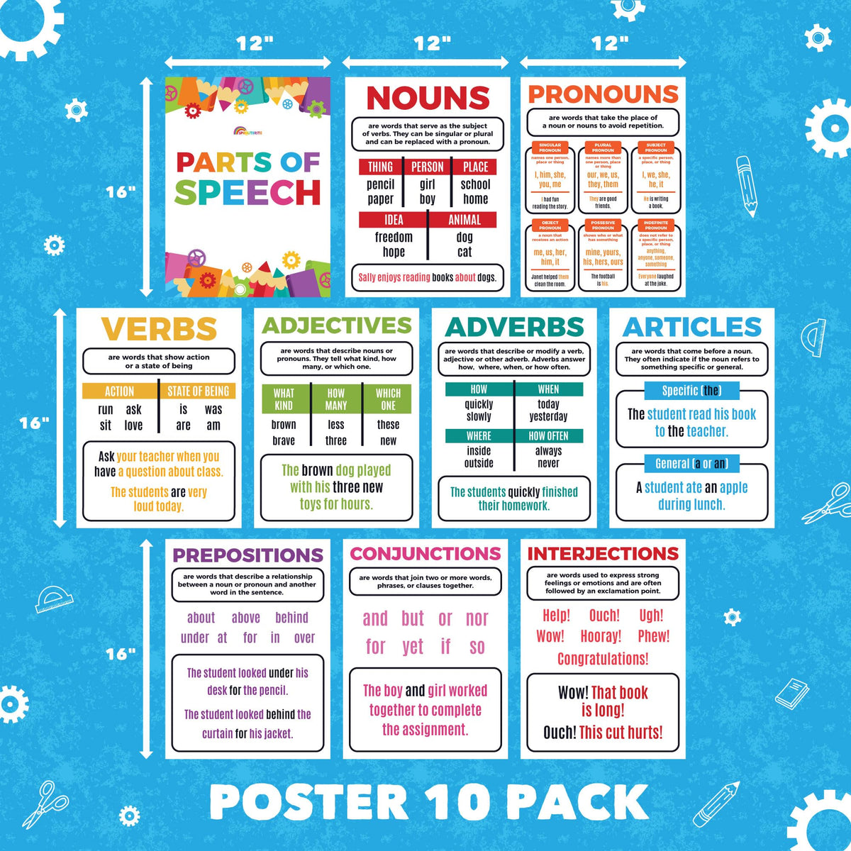 Sproutbrite 10 Pack Parts of Speech Poster Grammar Educational Poster for Classroom 12"x16" - Classroom Decor Decorations, Middle School - Works Like a Mini Grammar Guide