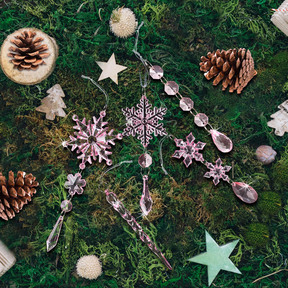 18pcs Crystal Christmas Ornaments for Christmas Tree Decorations-Pink Hanging Acrylic Snowflake and Icicle Ornaments with Drop Pendants for New Year Party Decorations Supplies
