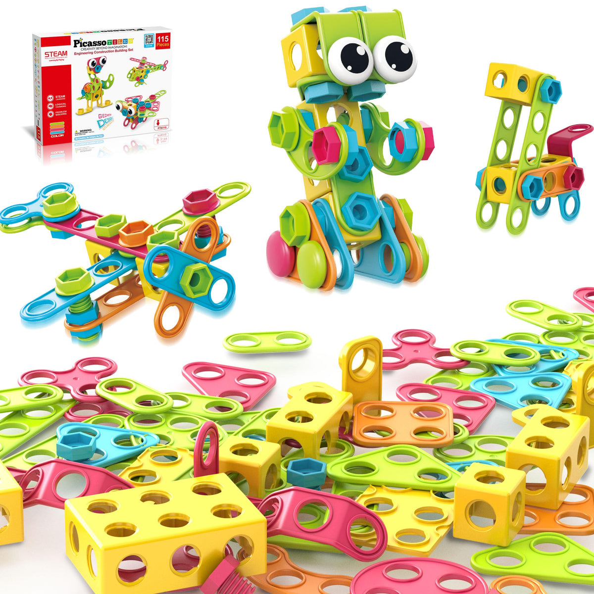 PicassoTiles 115 Piece Building Blocks Set Kids STEM Toy Construction Engineering Sensory Toys Kit Block Children Early Education Playset with FREE IdeaBook, Clickable Ratchet Age 3+ Boys Girls PTN115