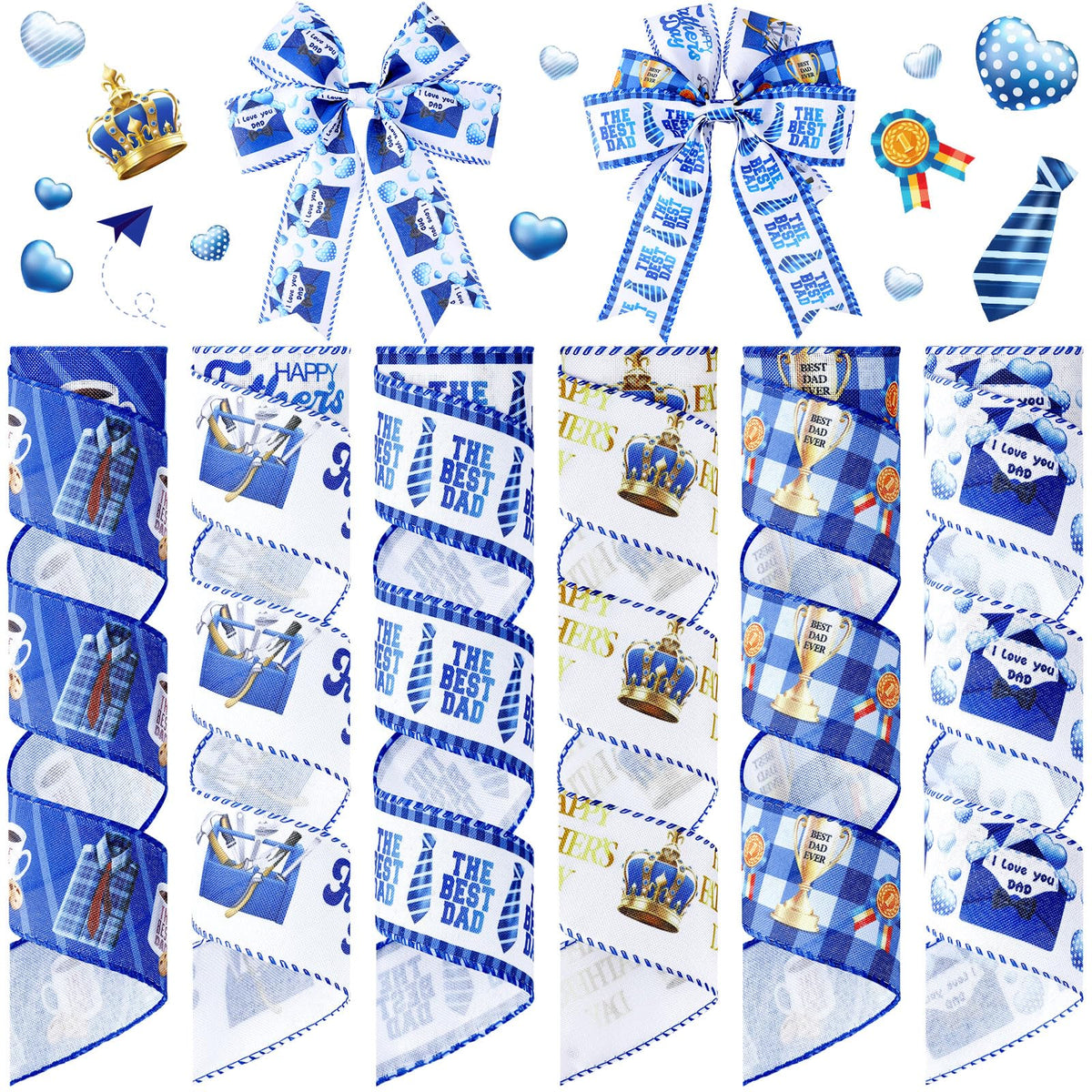 Yuxung 6 Rolls 30 Yards Father's Day Blue Gift Craft Ribbon for Happy Father's Day Party Decorative Ribbon Gift Wrap Ribbon for Wrapping Gifts Making Bow Box Table Decor