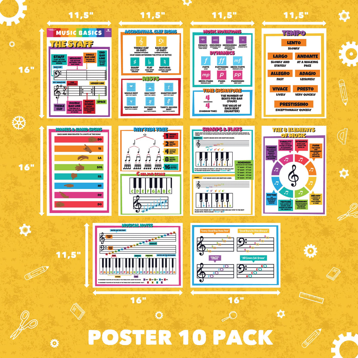 Sproutbrite 10 Pack 11.5"x16" Pack Music Posters for Classroom – Music Classroom Decor for Elementary, Middle and High School - Builds Understanding of Musical Fundamentals