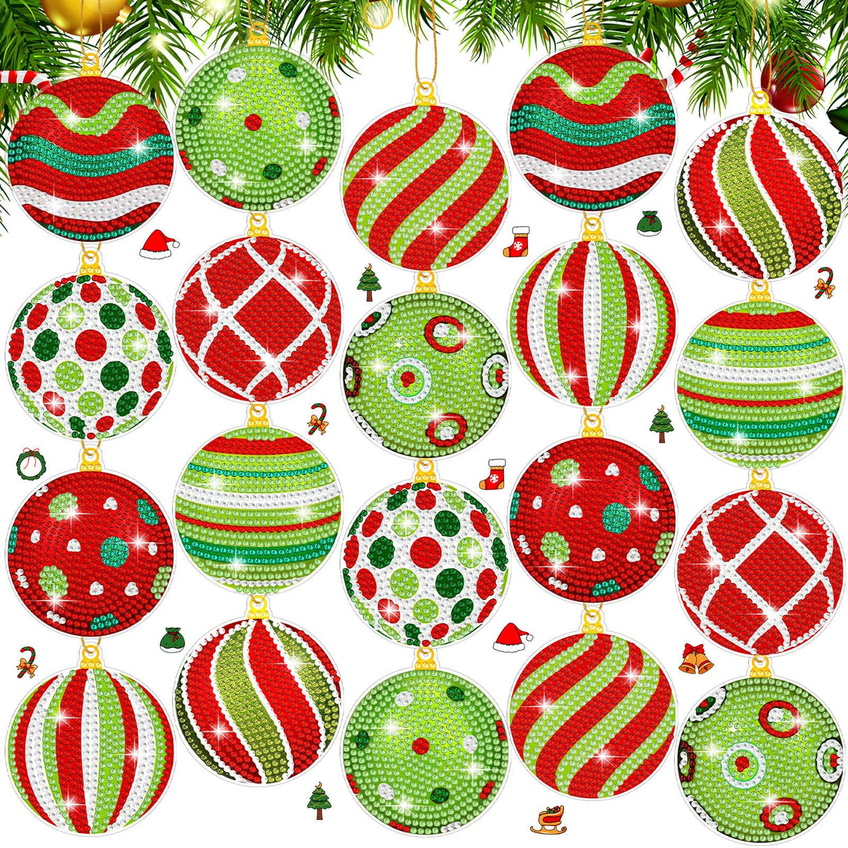 Realspring 20 Pieces Christmas Ball Diamond Art Ornaments Lime Green and Red Diamond Painting Tree Decorations 5D Hanging Xmas Diamonds Art DIY Christmas Kits for Adults Crafts Party Favors