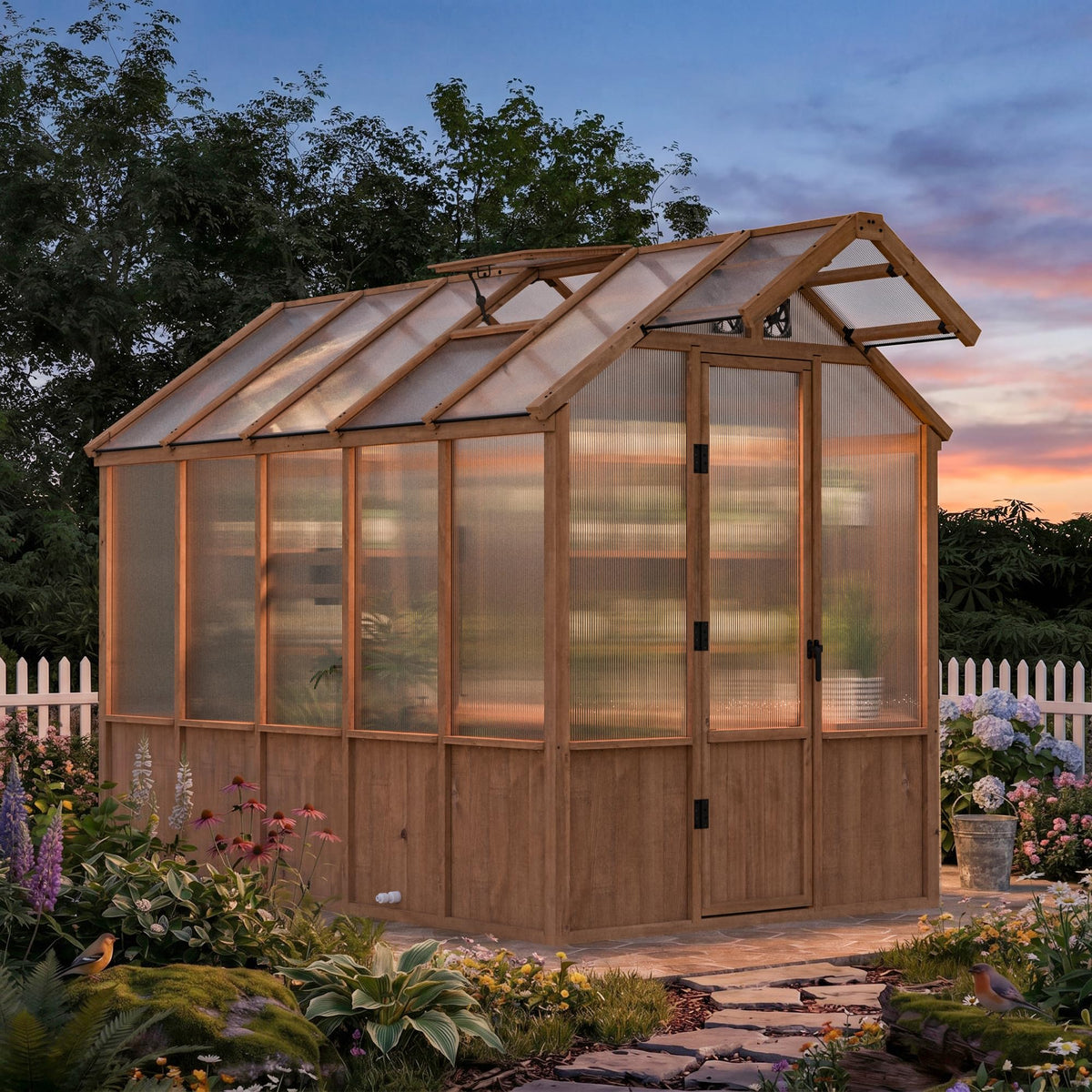 Modern Shade EverBloom 6.5'x10' Wooden Greenhouse, 8' Extra-Tall Cedar Wood Greenhouse with Built-in Outdoor Faucet Kit, Heavy Duty Greenhouse with Built-in Shelving, Power Strip & Ventilation System