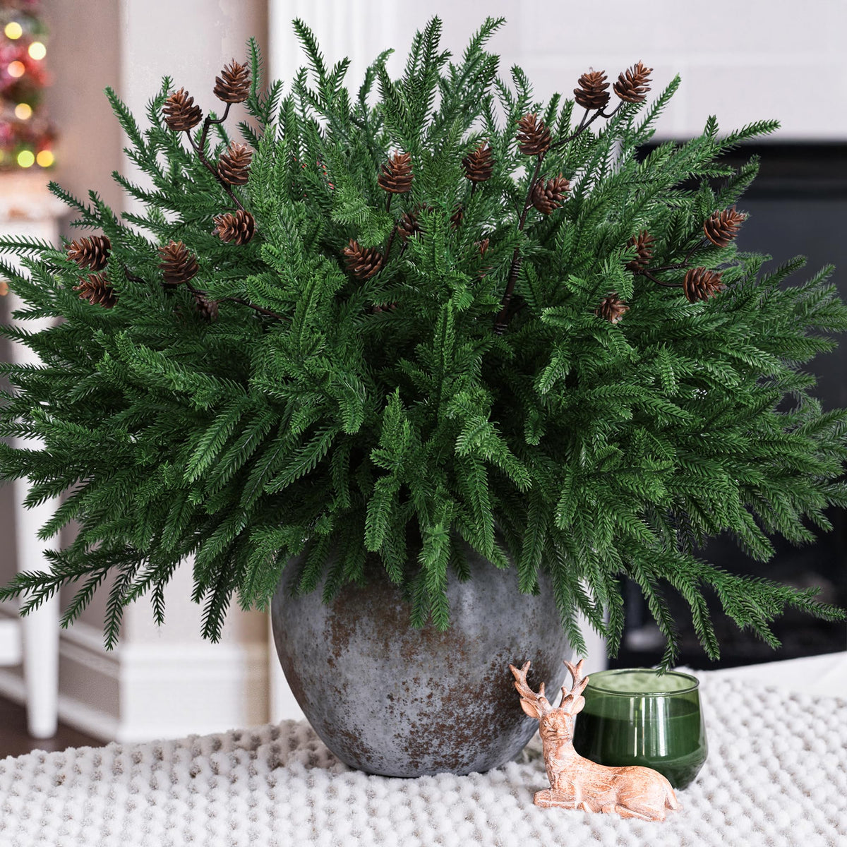 HyeFlora 14 PCS Christmas Norfolk Pine Stems with Small Pine Cones Branches, 19 In Real Touch Artificial DIY Greenery Pine Needles Picks,Xmas Faux Cedar Pine Branche for Vase Indoor Outdoor Home Décor