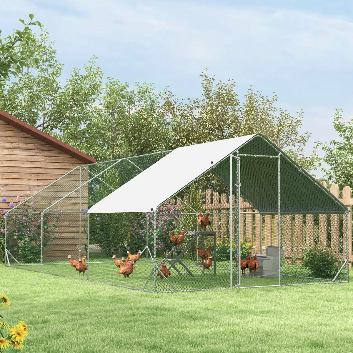 PawHut Large Chicken Coop Metal Chicken Run with Waterproof and Anti-UV Cover, Spire Shaped Walk in Fence Cage Hen House for Outdoor and Yard Farm Use, 1" Tube Diameter, 9.8' x 19.7' x 6.6'