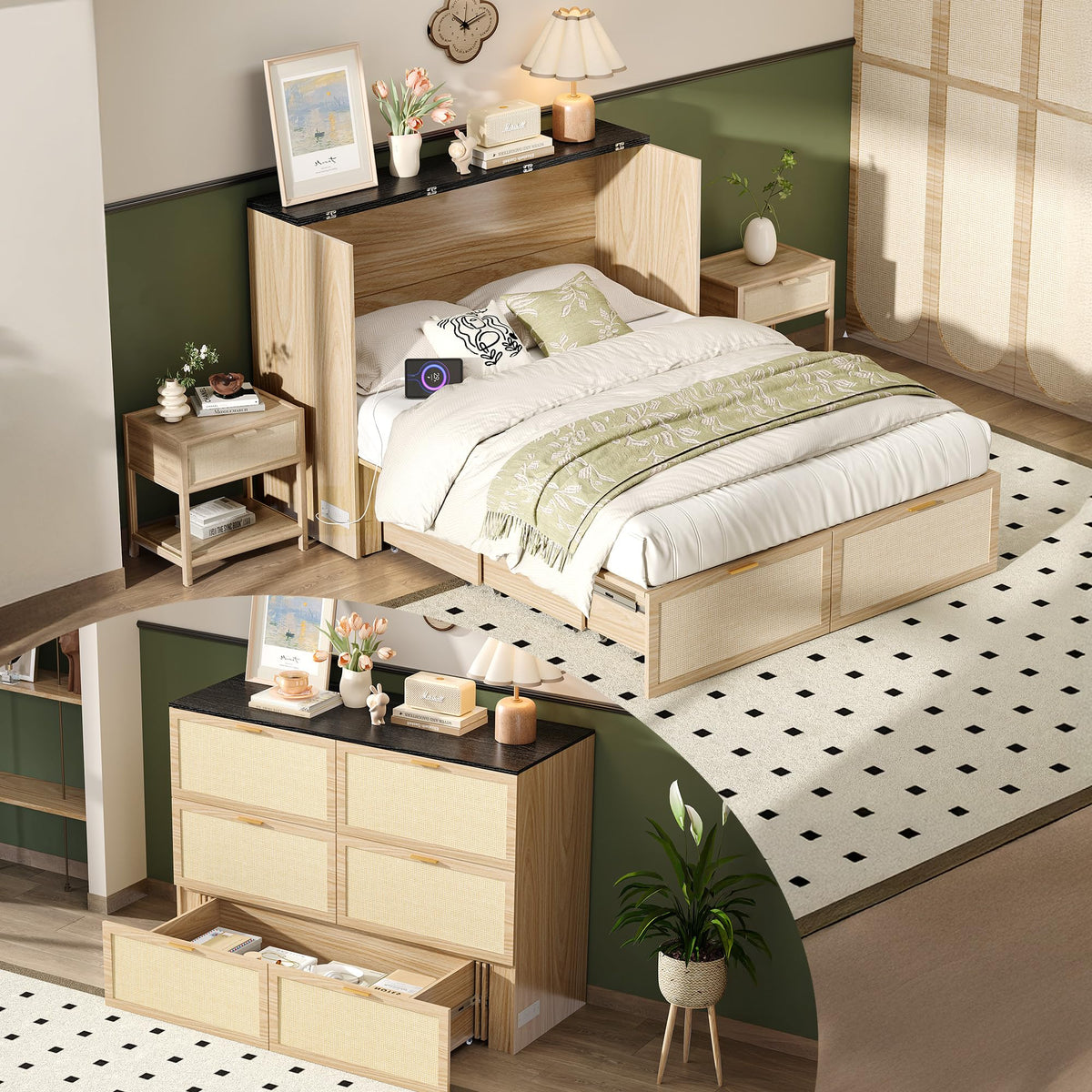 VINGLI Queen Size Rattan Murphy Bed with Storage Drawer,2 Charging Station, Boho,Hideaway Paltform Panel Bed for Small Spaces,Guest Room,Office,Apartment, Space-Saving Cabinet Bed,Oak White