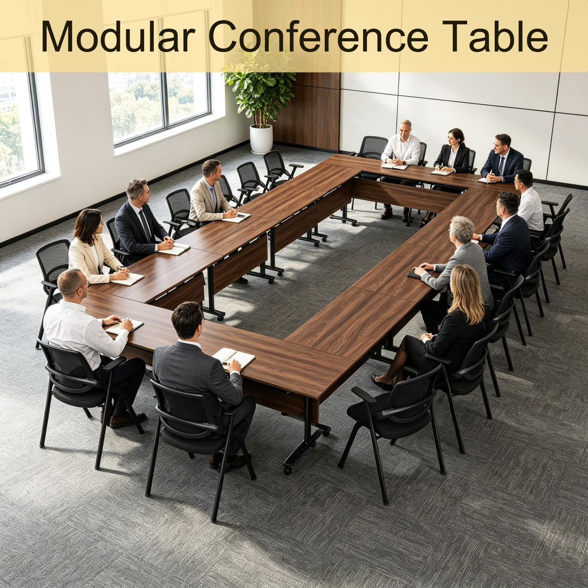Modular Folding Conference Room Table with Wheels - 6 Pack Flip Top Mobile Training Table,Modern Meeting Tables 2-30 Person,Walnut,61"x 19.6"x 29.5"