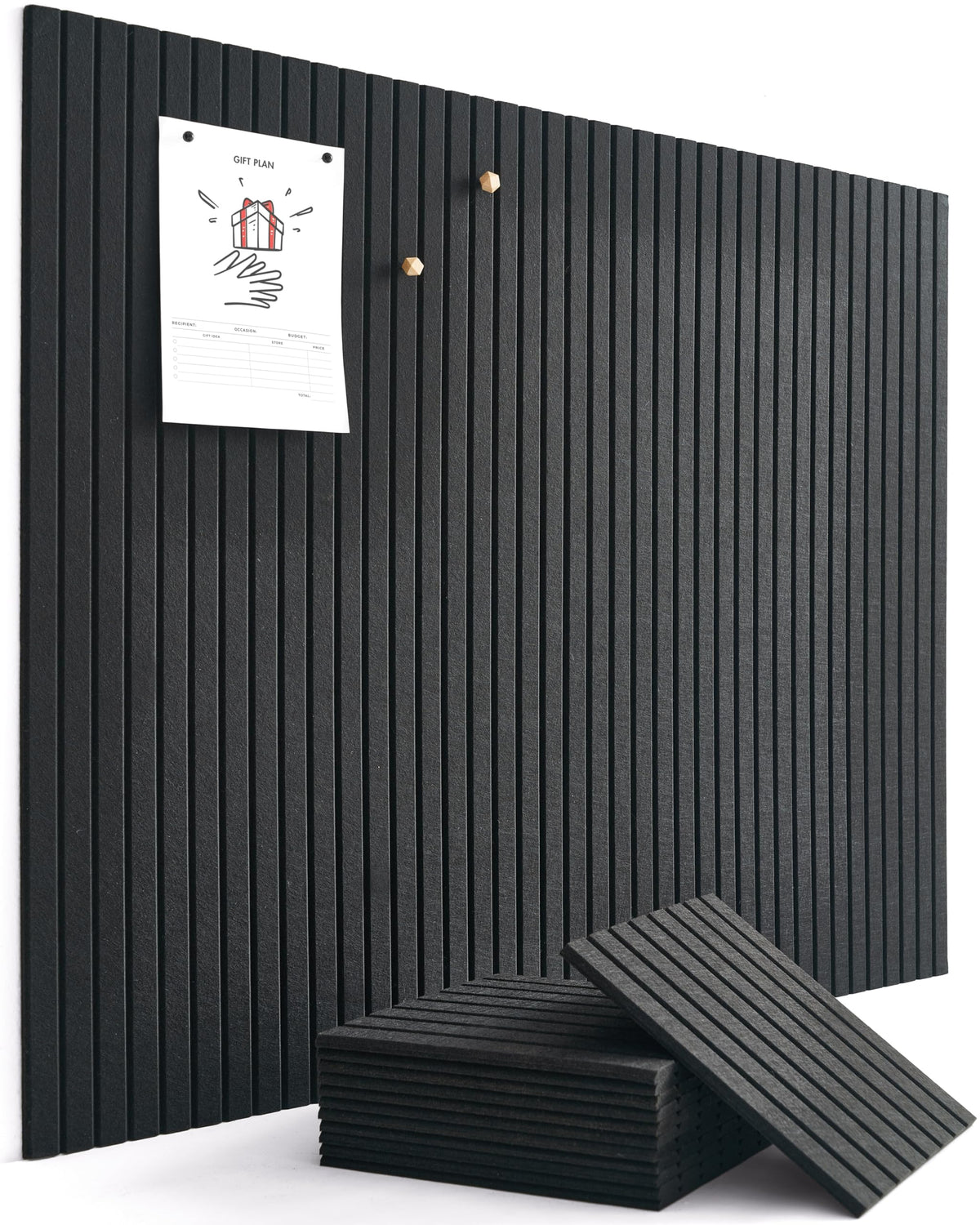 VIVELDA Felt Bulletin Board Tiles 48"x36" - 12-Pack Cork Board Alternative, Oeko-TEX Certified, NRC 0.95 Acoustic Wall Panels, Damage-Free Adhesive, Slatted Design, Home Office & Classroom (Black)