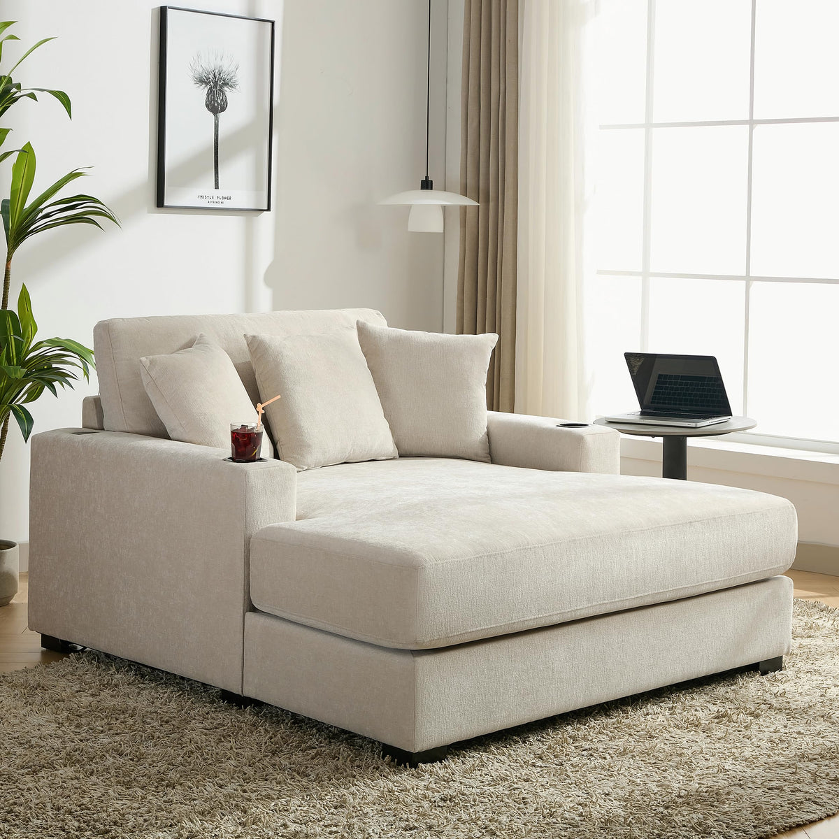 Merax Modern 55" Chaise Lounge with Pillow, Charge Station & Cup Holders,Upholstered Sofa Recliner Chair for Living Room Bedroom Cream