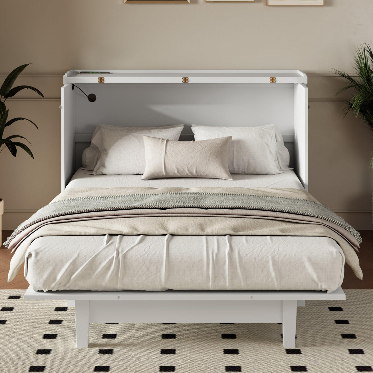 YOPTO Murphy Bed Cabinet Full Size with Charging Station and Large Storage Drawer,Pine Wood Folding Wall Bed Frame,Space Saving,Easy Assembly,Hidden Platform Bed for Home Office or Small Room,White