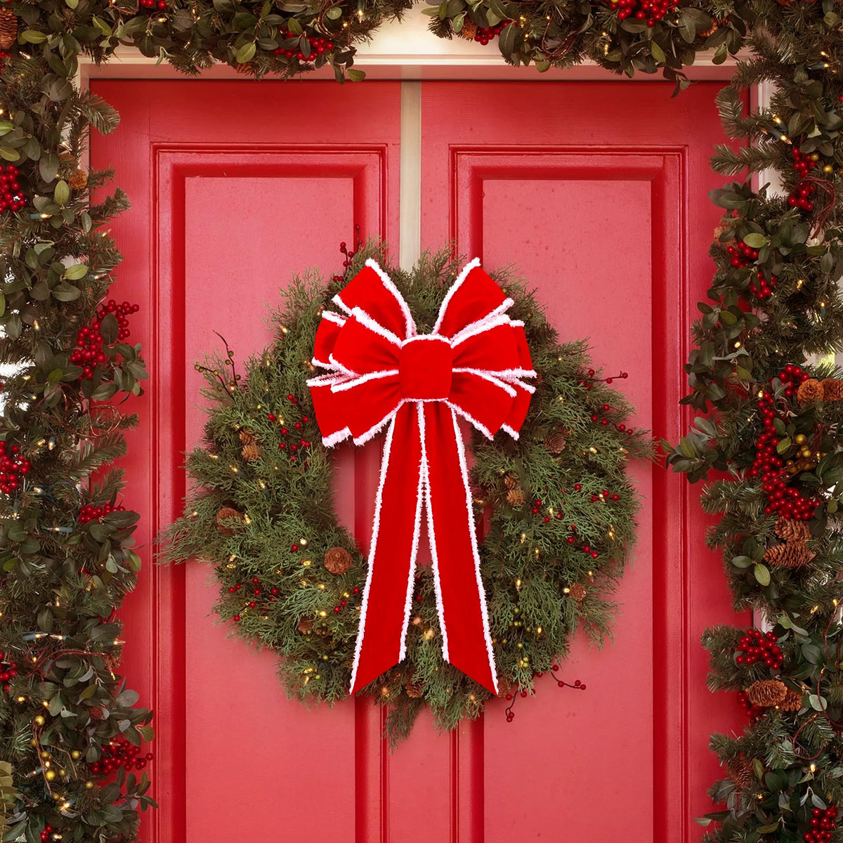 Anyfire Large Red Christmas Bow: 10'' x 21'' Large Christmas Tree Topper Bow Red Velvet Bow with White Edge for Wreath Garland Stair Fireplace Home Indoor Outdoor Xmas Decoration (1 Packs)