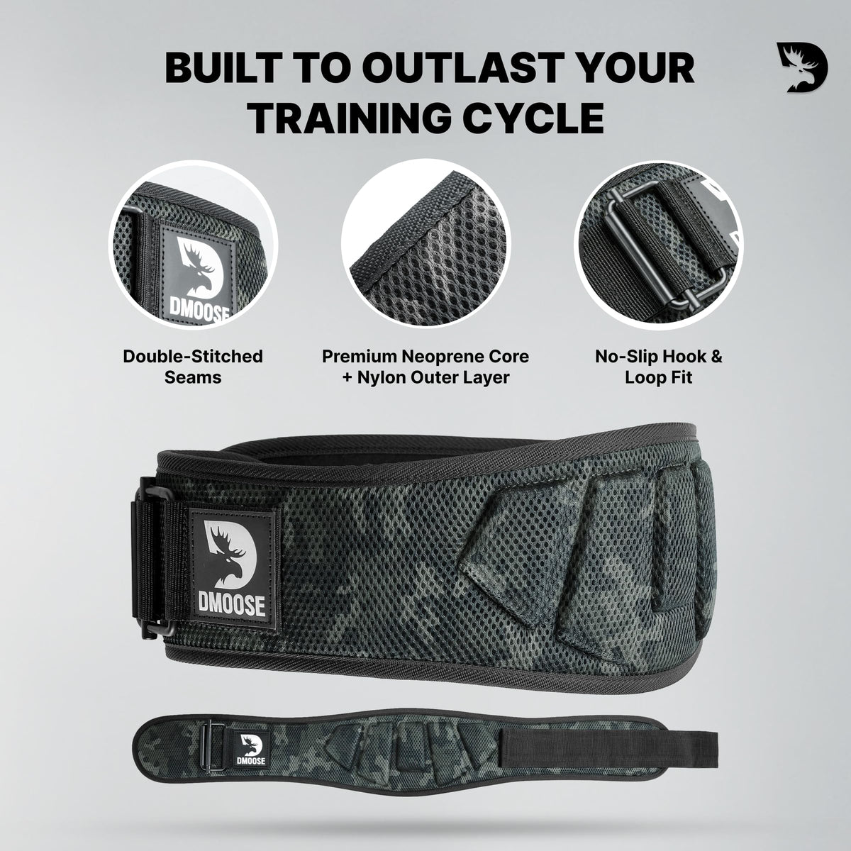 DMoose Fitness Weight Lifting Belt for Squats, Deadlift & Intense Workout - 6" Adjustable Fit Auto Lock Weightlifting Belt for Men & Women - Neoprene Gym Belts for Stability (Black Camo 2.0)