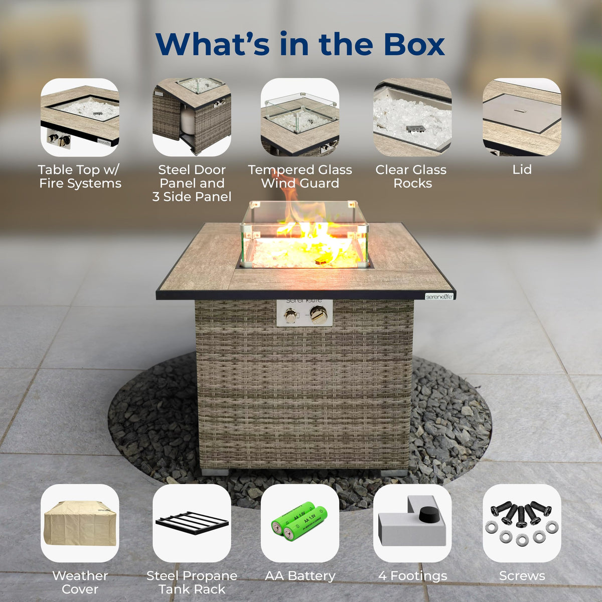 SereneLife Outdoor Propane Fire Pit Table - CSA/ETL Certified Safe 50,000 BTU Pulse Ignition Weatherproof Square Wicker Propane Gas Fire Table w/Tile Tabletop Adjustable Flame - Glass Rocks