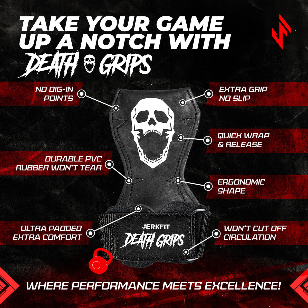 JerkFit Death Grips, Lifting Straps for Deadlifts, Pull Ups, and Heavy Shrugs, with Padded Support, Palm Protection & Increased Grip for Heavy Pull Lifts (Small)