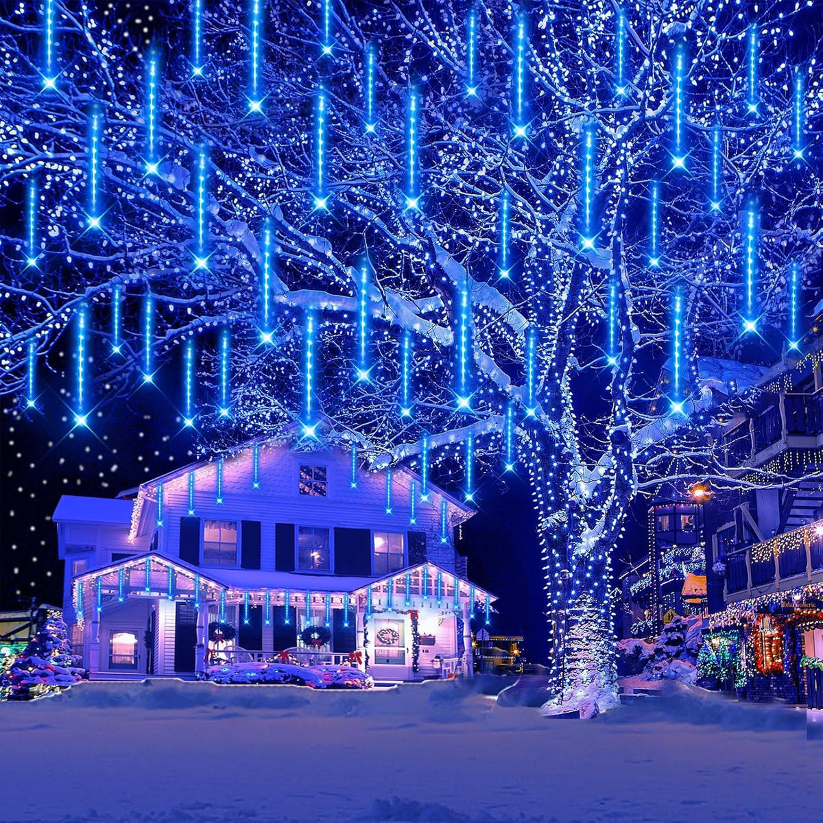 Kwaiffeo Blue Icicle Lights Outdoor, Waterproof Meteor Shower Lights for Christmas Halloween Yard Decorations Outside, UL Plug, 8-Tube