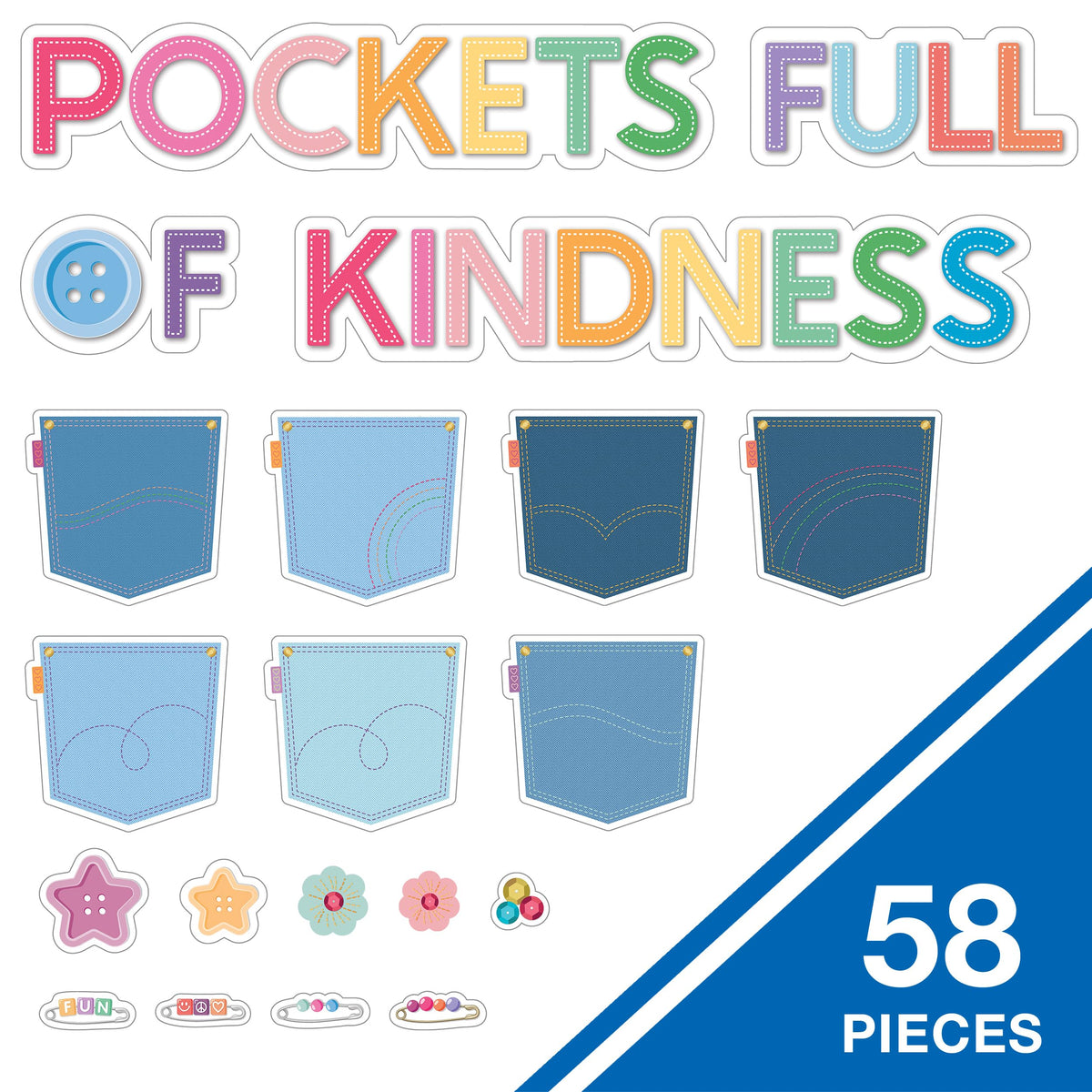 Carson Dellosa Crafty and Cool 58-Piece Pockets Full of Kindness Motivational Bulletin Board Set, Arts and Crafts Theme Growth Mindset Classroom Decor