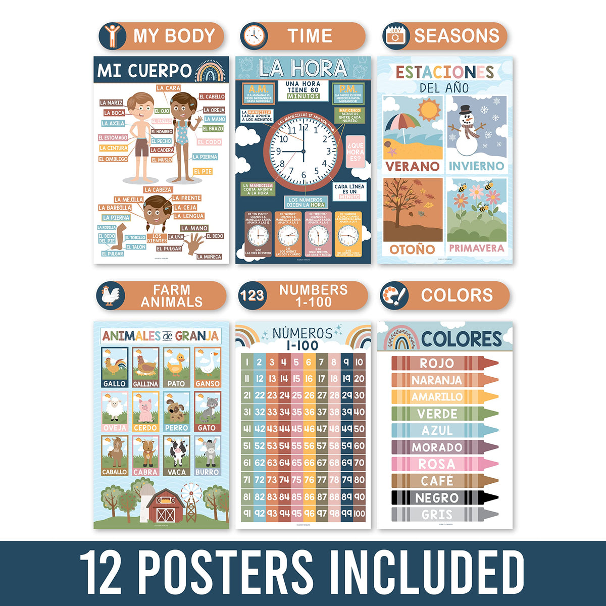 Hadley Designs Spanish Posters for Classroom - 12 Bilingual Educational Posters for Spanish Classroom Decorations Must Haves, Calendario y Alfabeto en Español Para la Pared, Boho Teacher Supplies