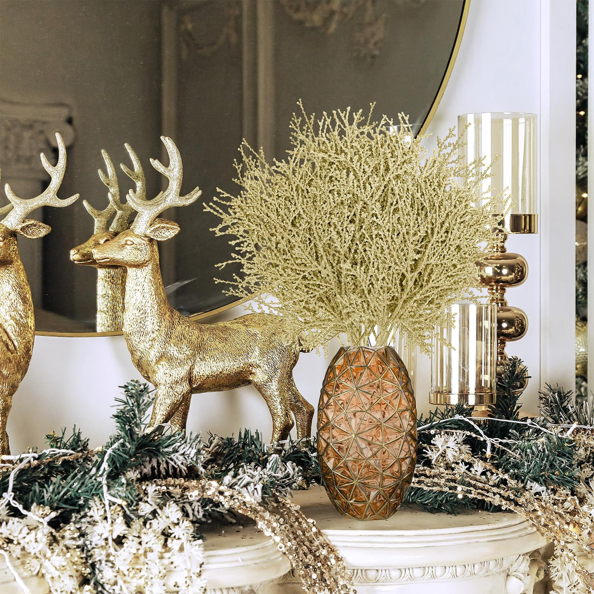 Winlyn 15 Pcs Christmas Artificial Cedar Sprays Champagne Glittered Faux Cedar Branches Stems Christmas Tree Ornament Picks 14.4" for Christmas Tree Wreath Wedding Bouquet Holiday Centerpiece