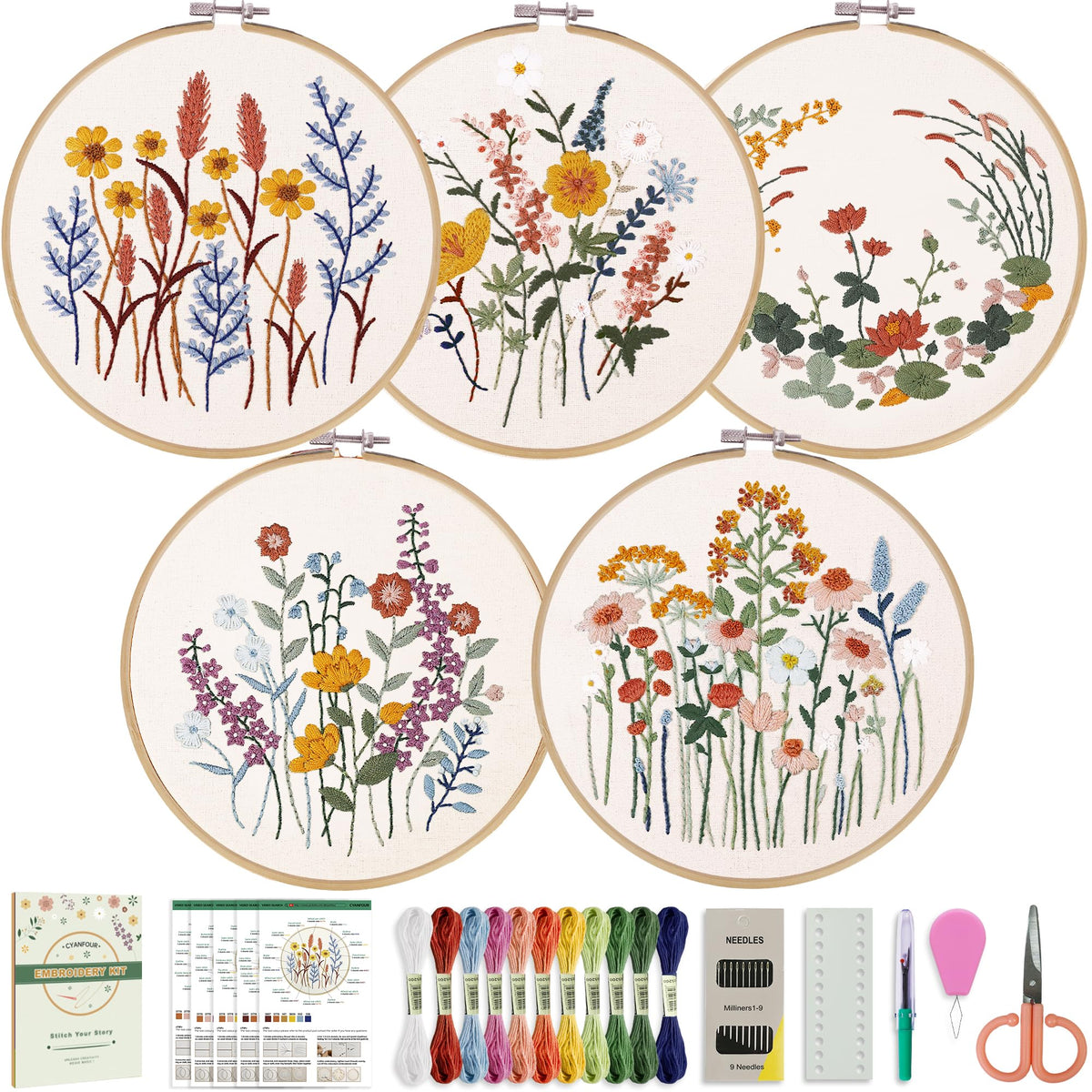 CYANFOUR 5 Pack Beginner Embroidery Kit for Adults, Easy to Learn Floral Embroidery Patterns from Video & Instruction, Needlepoint Kits for Adults Include Embroidery Hoop, Colorful Threads, Tools