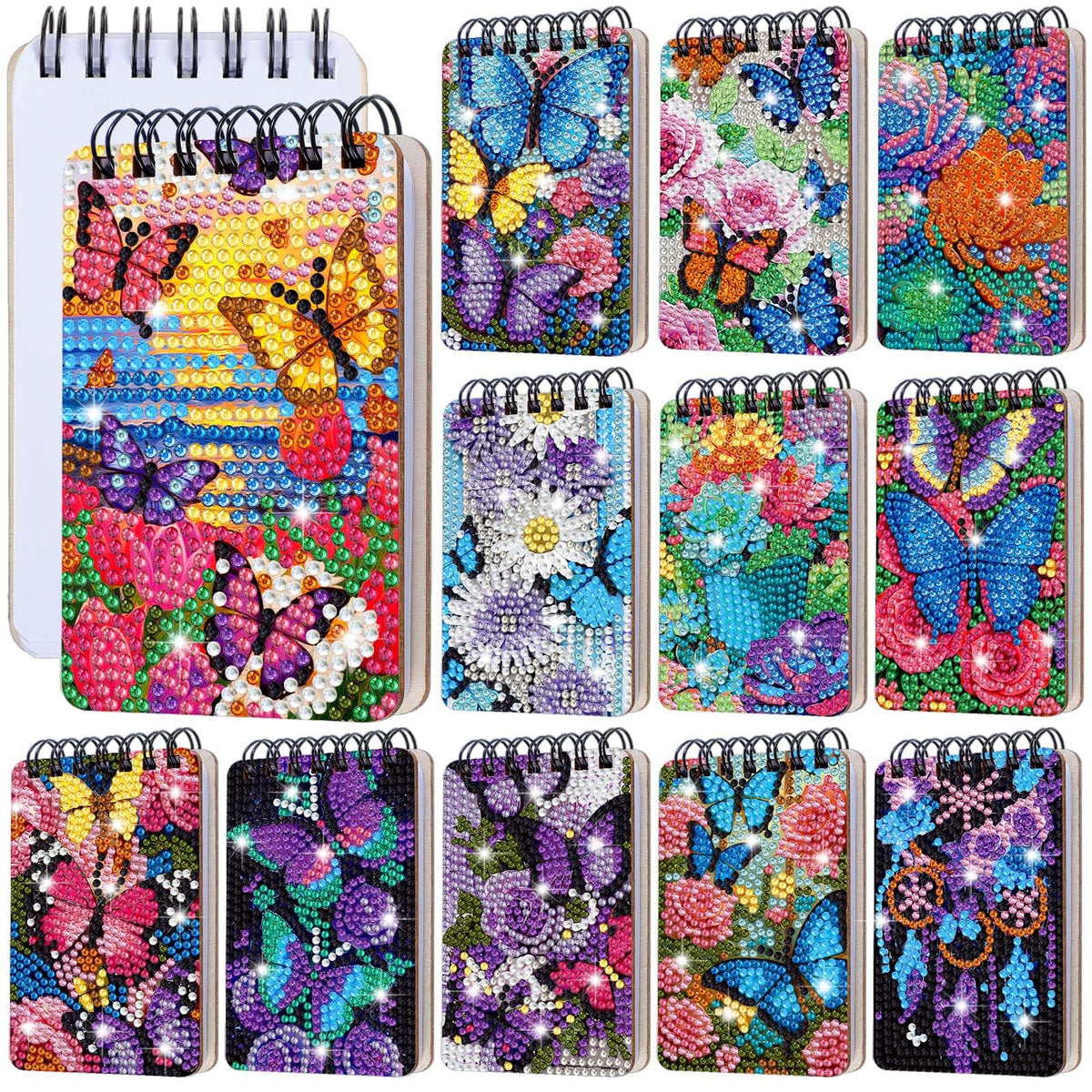 Fuyoooo 12 Pcs Diamond Painting Notebook DIY Cover Notebook Diamond Art Kits Notepad 5D Journal Art Accessories for Adults Crafts Sketchbook with Tools Gift(12 Pcs,Flower Butterfly)