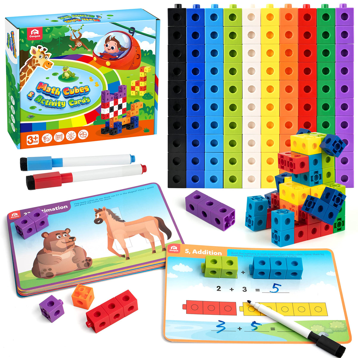 Coogam Math Manipulatives, Math Game for Kids 3-8 with Number Counting Snap Linking Cube, 1st Grade Math Flashcards Toy Gift for Preschool Learning