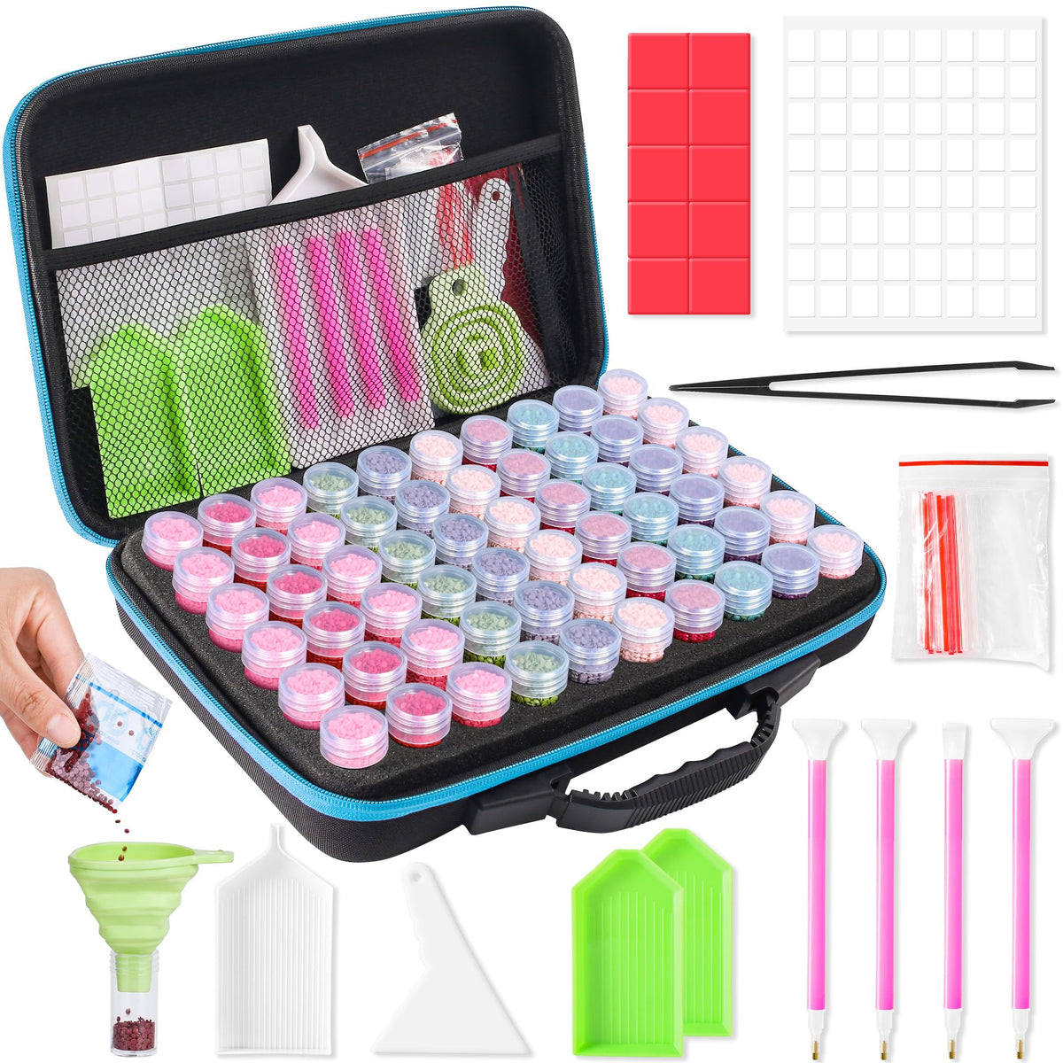 MERATIA 60 Slots Diamond Painting Storage Container, Diamond Art Kits for Adults Stackable Bead Organizer with Carrying Handle, Craft Storage Box with Accessories (Blue-60 Slots)