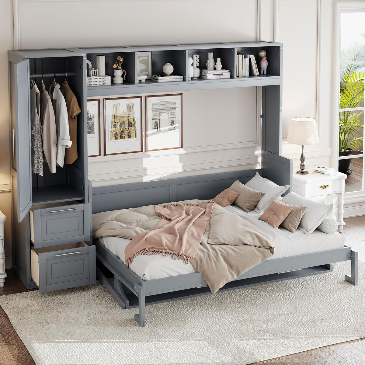 Ball & Cast Murphy Bed Full Size with Five-Layer Cabinet,Solid Wood Storage Hidden Wall Bedframe,W/Folding Designed,Space-Saving,for Home Office,Study,Guest Room,Gray