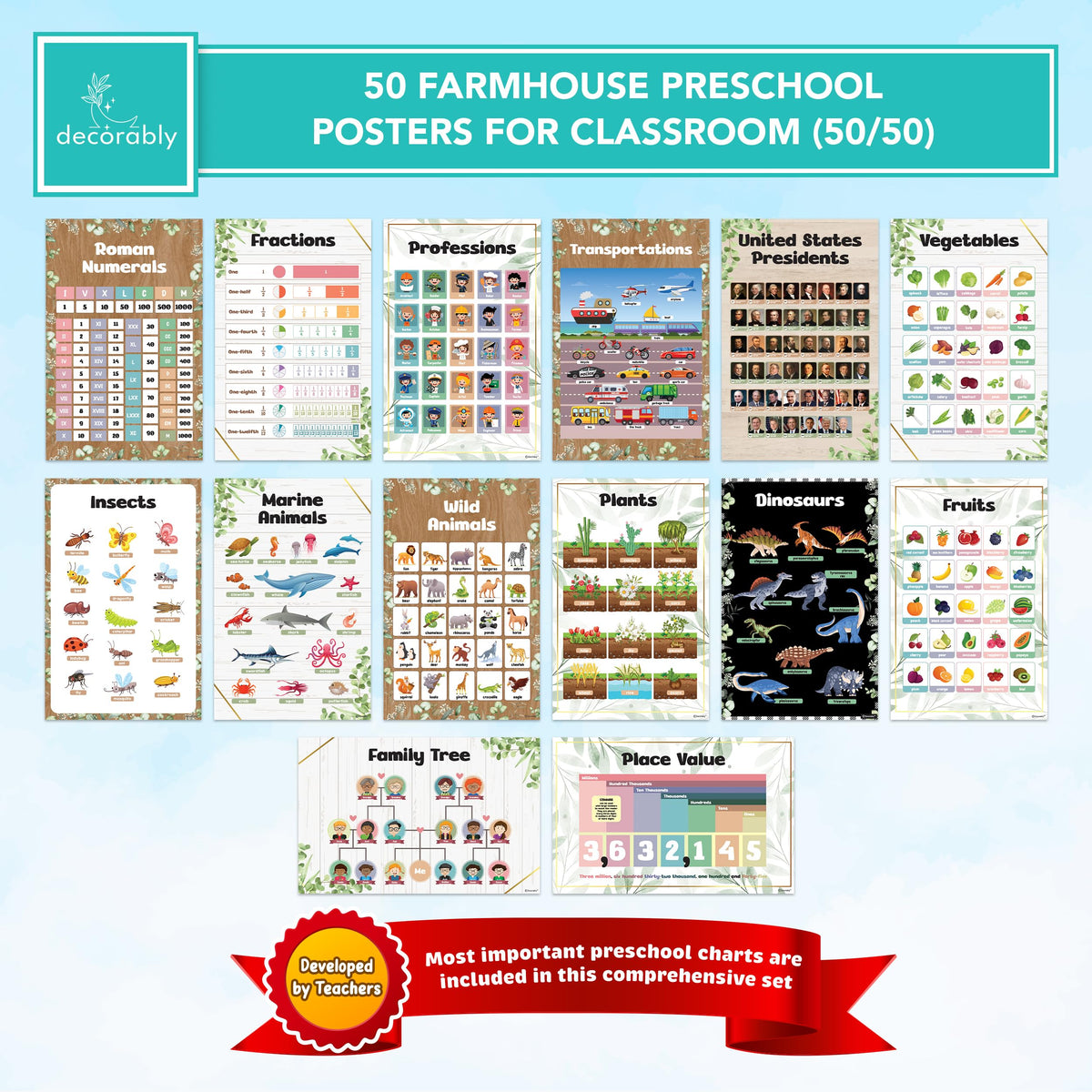 Decorably 50 Farmhouse Theme Kindergarten Posters for Homeschool, 11x17in Matte-Laminated Preschool Educational Toddler Learning Decor - Classrooms, Hallways, Bulletin Boards