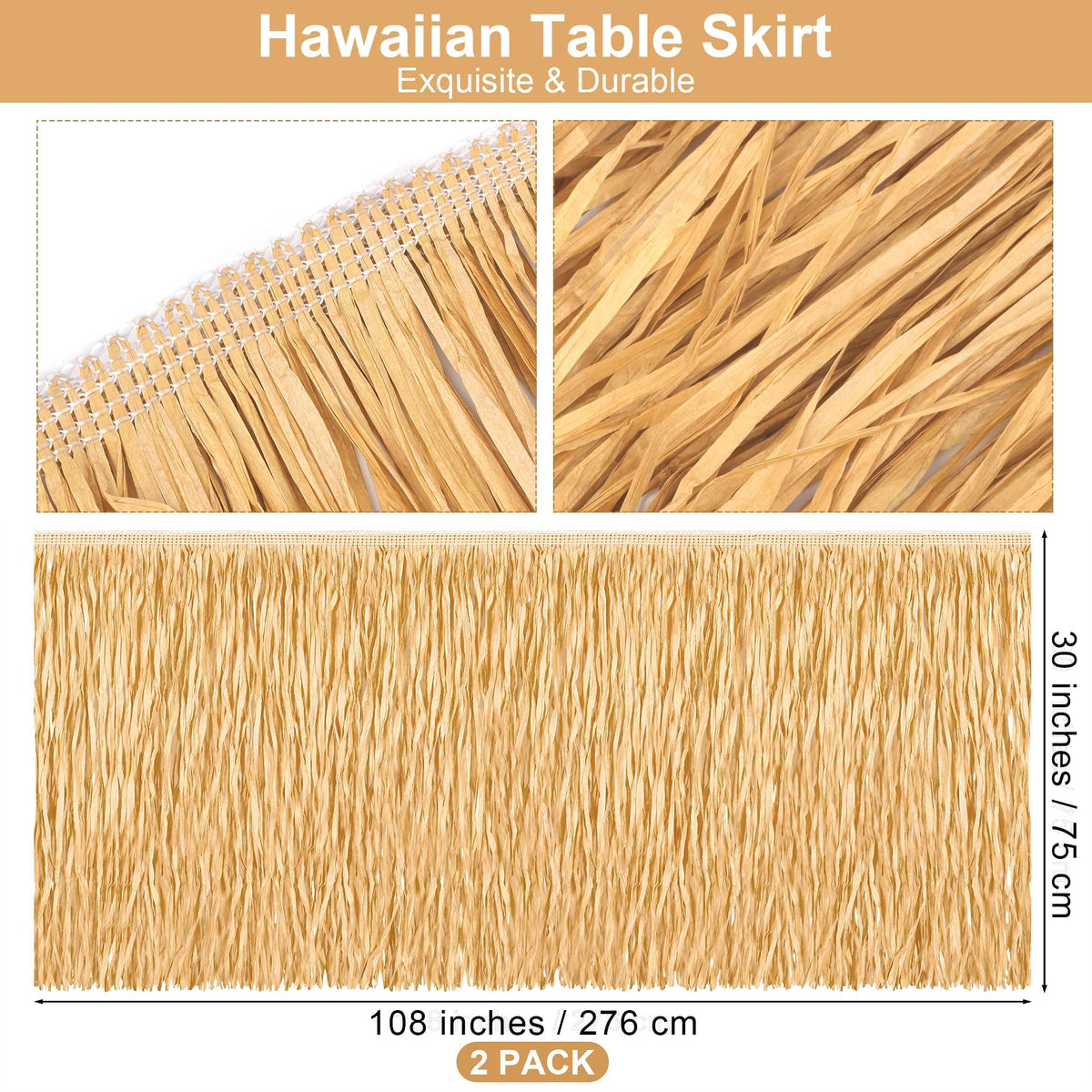 Fovths 2 Packs Luau Grass Table Skirt Fringe Dark Straw Grass Skirt 108 x 30 Inch Hibiscus Hawaiian Table Skirts Rectangle Tropical Luau Party Decorations for Hawaiian Decorations