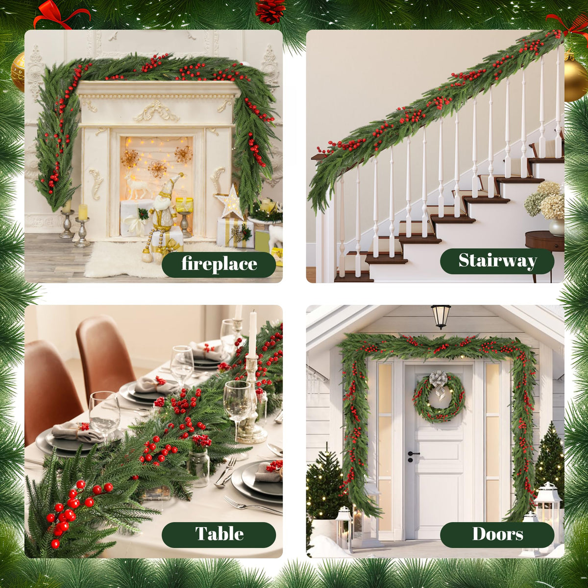 Christmas Norfolk Pine Garland,Real Touch Faux Winter Greenery Garland with Light for Stairs Table Fireplace Backdrop Wall,Christmas Holiday Seasonal Winter Decor (9ft)