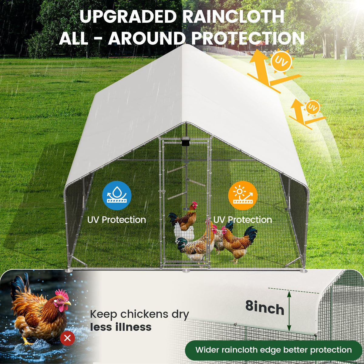 Large Chicken Coop with Chicken Run & Hardware Cloth, Solar Light, Waterproof & UV-Resistant Cover, Outdoor Poultry Cage for Farm Use,2 Room
