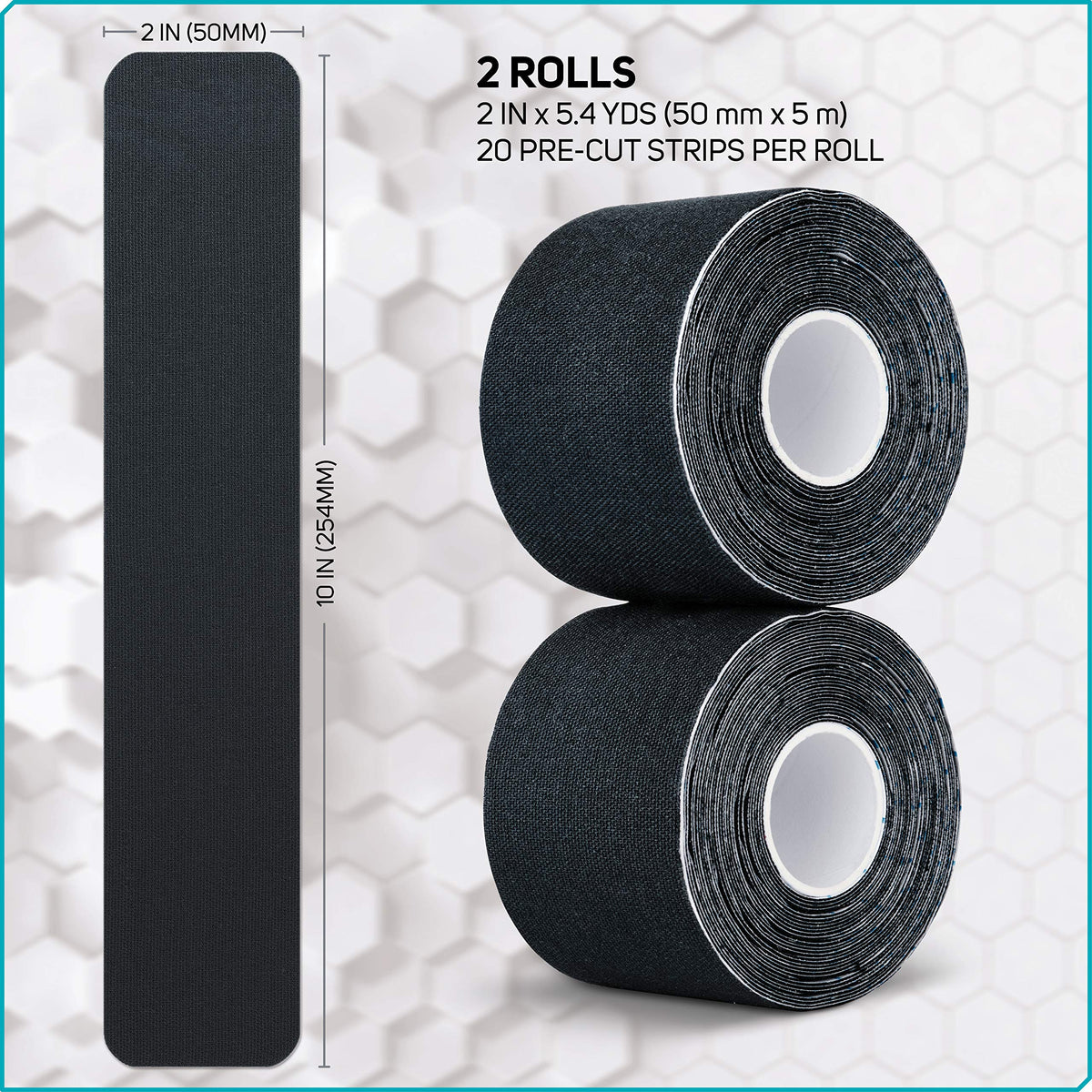 Care Science Waterproof Kinesiology Tape, 40 ct Precut Strips (2 Rolls), Black | Elastic Sports & Weightlifting Tape Supports Muscles & Joints. Water Resistant