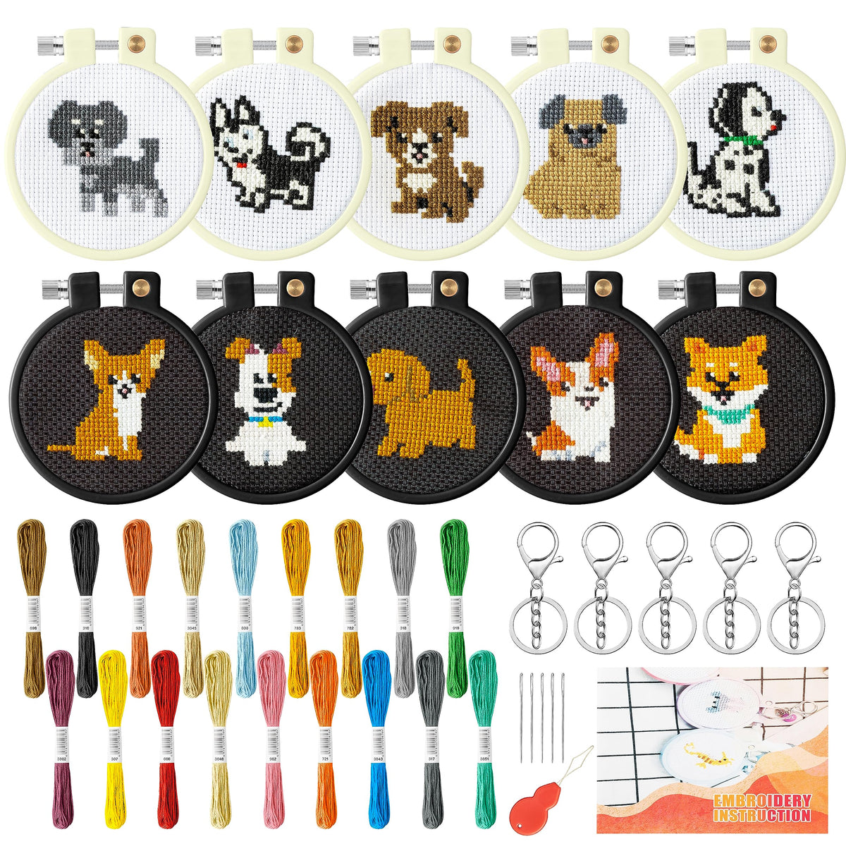 WATINC 10Pcs Embroidery Kit for Kids Stamped Cross Stitch, DIY Key Chain with Puppy Patterns Needlepoint Starter Kits, Craft Supplies for Beginners Children Adults Schoolbag Charms Ornaments