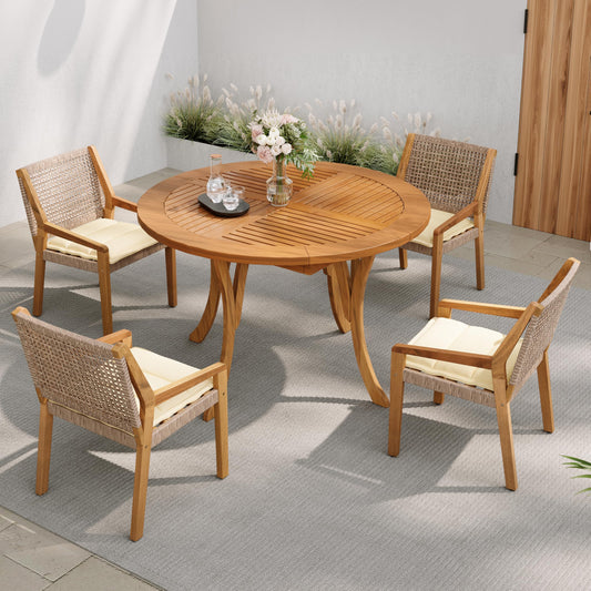 Christopher Knight Home Verle Wooden Patio Dining Set for 4, Acacia Wood Outdoor Dining Table Set for 4, 5 Piece Outdoor Dining Set with Round Table and Armchair with Seat Cushion, Teak+Beige