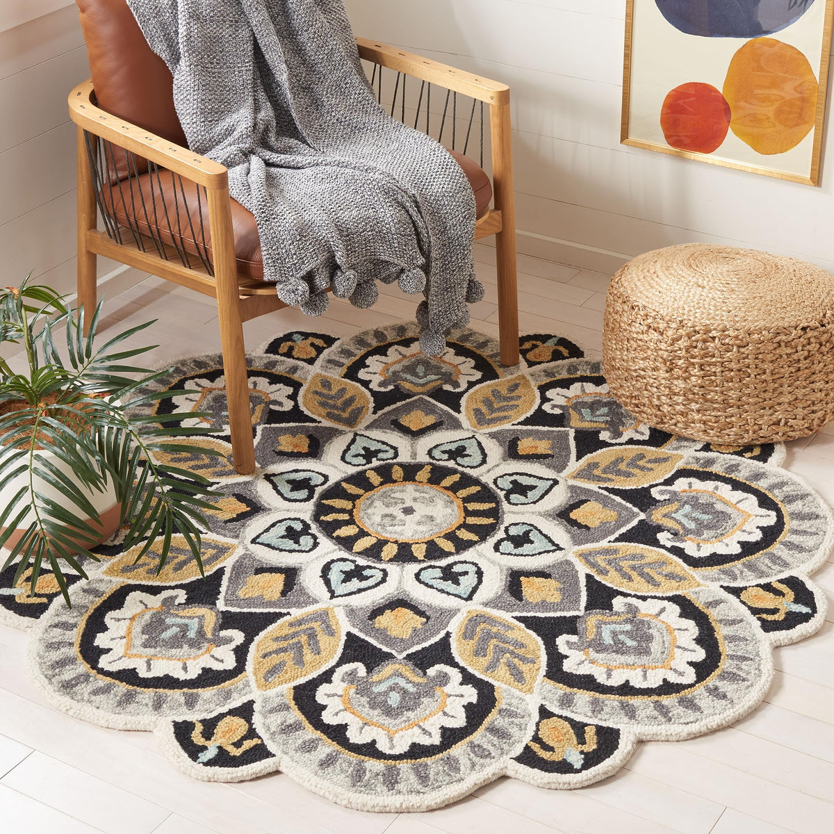 SAFAVIEH Novelty Collection Area Rug - 12' Round, Ivory/Black, Geometric Design, Ideal for High Traffic Areas in Living Room, Bedroom, Dining (NOV604Z)