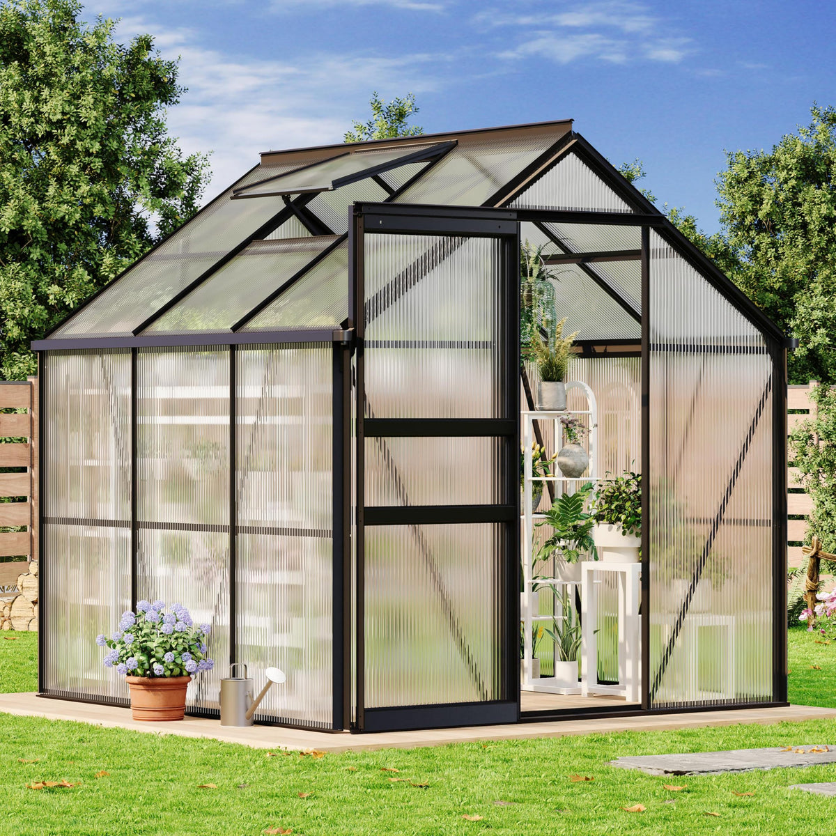 Garvee 6x6 Ft Polycarbonate Greenhouse - Free-Standing Greenhouse for Outdoors with Rust-Resistant Aluminum Frame, Gutter System & Roof Vent, Ideal for Seed Starting & All-Season Plant Protection